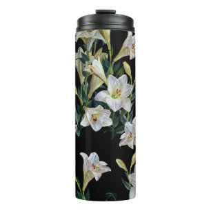 Floral lilies: black background painting thermal tumbler