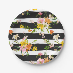 Floral Lily Flowers Black And White Stripes Pink Paper Plate