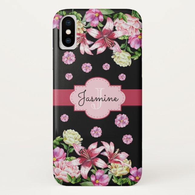 Floral Lily & Peony Monogram Black Case-Mate iPhone Case (Back)