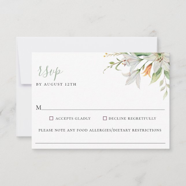 Floral Lily Wedding Food Allergy RSVP Card (Front)
