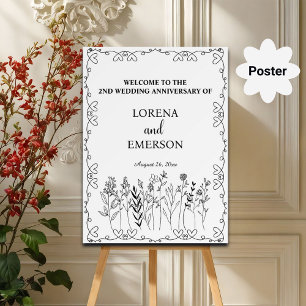 Floral Line Art 2nd Wedding Anniversary Welcome Poster