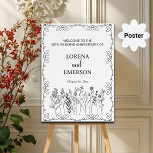 Floral Line Art 30th Wedding Anniversary Welcome Poster