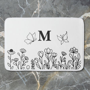 Floral Line Art Custom Monogram Bath Mat