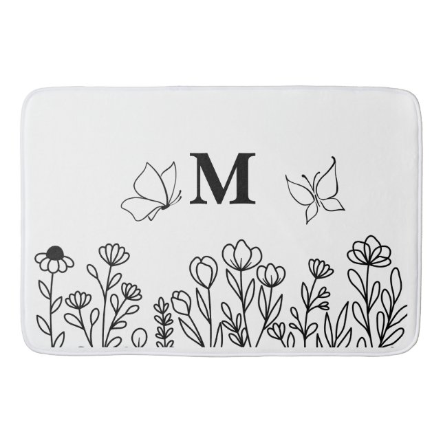 Floral Line Art Custom Monogram  Bath Mat (Front)