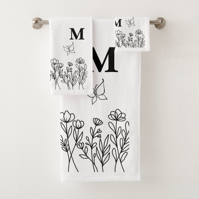 Floral Line Art Custom Monogram  Bath Towel Set (Insitu)