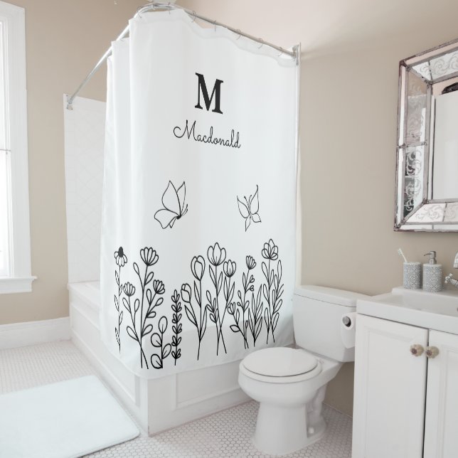 Floral Line Art Custom Monogram  Shower Curtain (In Situ)
