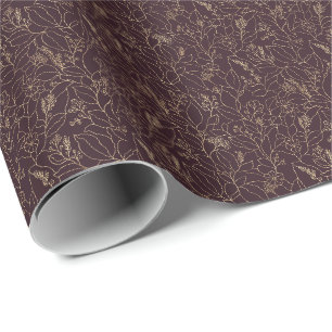Floral Line Art Deep Plum Purple Elegant Wrapping Paper