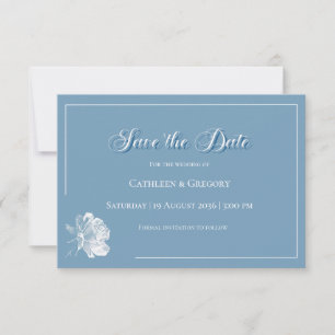 Floral Line Art Dusty Blue White Wedding Save The Date