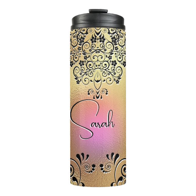 Floral Line Art Elegant Pretty Gold Pink Black Thermal Tumbler (Front)