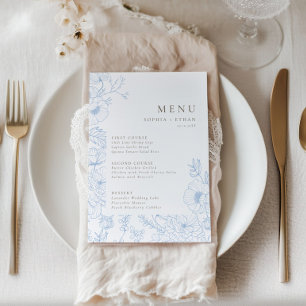 Floral Line Art French Blue Wedding Menu