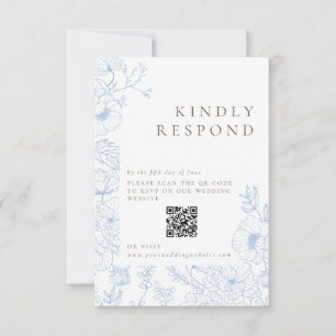 Floral Line Art French Blue Wedding RSVP Card