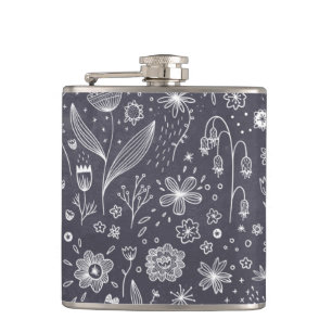 Floral Line Art Monochrome Hip Flask