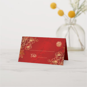 Floral Line Art Red Gold   Chinese Wedding Place Card