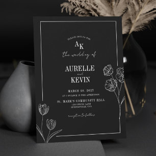 Floral Line Art Rustic Black Elegant Wedding Invitation