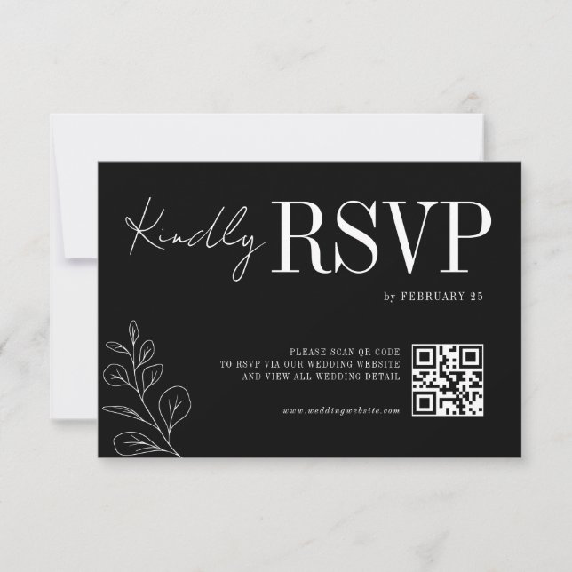 Floral Line Art Rustic Black Elegant Wedding RSVP Card (Front)
