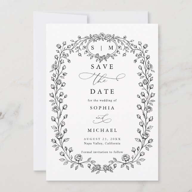 Floral Line Art Save The Date Invitation (Front)