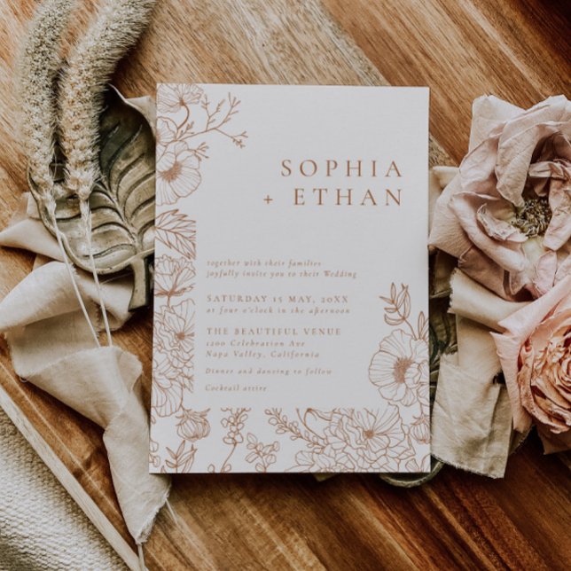Floral Line Art Terracotta Wedding Invitation (Creator Uploaded)