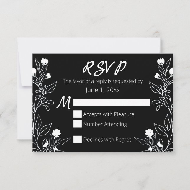 Floral Line Art White and Black RSVP (Front)