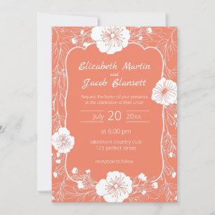 Floral Line Art White and Salmon Wedding Invitation