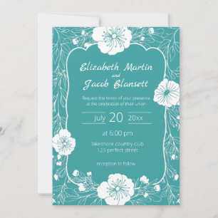 Floral Line Art White and Teal Wedding Invitation