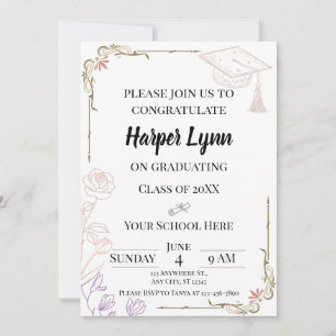 Floral Line Corner Accents Graduation Invitation
