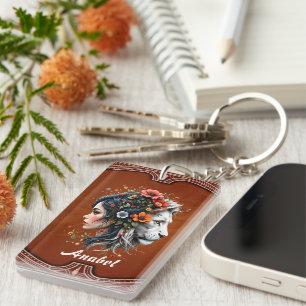 Floral Lion and Woman Portrait Key Ring