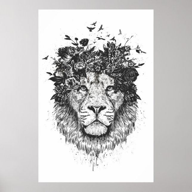 Floral lion (blackandwhite) poster (Front)
