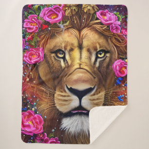 Floral Lion Head Sherpa Blanket
