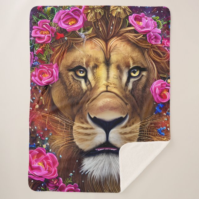 Floral Lion Head Sherpa Blanket (Front)