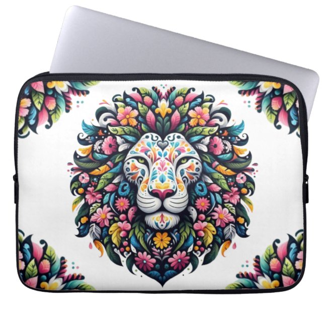 Floral Lion Silhouette Laptop Sleeve (Front)