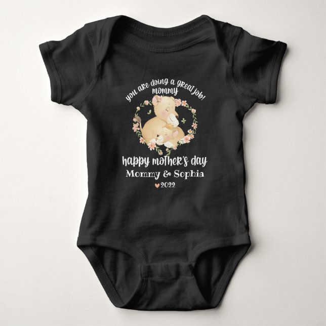 Floral Lioness and Cub Custom Name Mother's Day  Baby Bodysuit (Front)