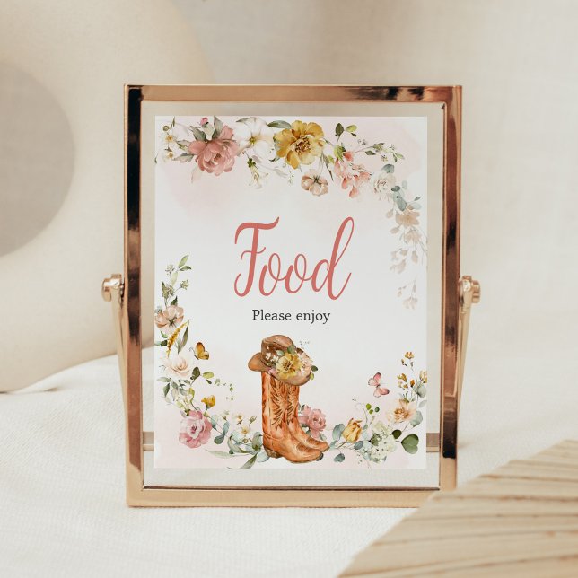 Floral Little Cowgirl Baby Shower Food Poster (Cowgirl Wild West Baby Shower Food Sign)