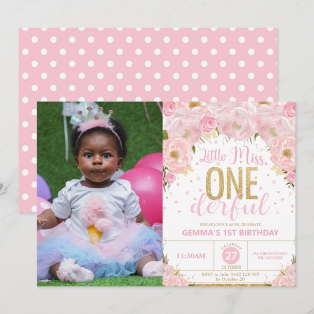 Floral Little Miss Onederful 1st Birthday Photo Invitation (Front/Back)