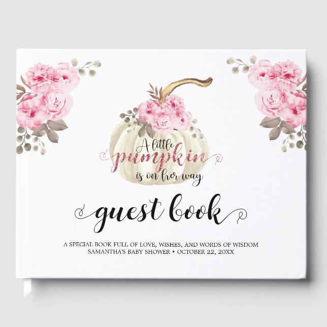 Floral Little Pumpkin Girl Baby Shower Pink Flower Guest Book (Front)