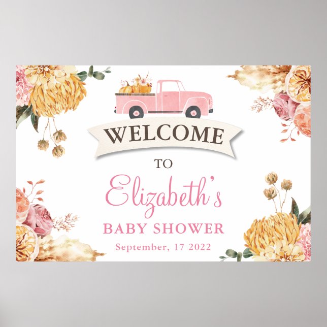 Floral Little PUMPKIN GIRL Baby Shower Welcome  Poster (Front)