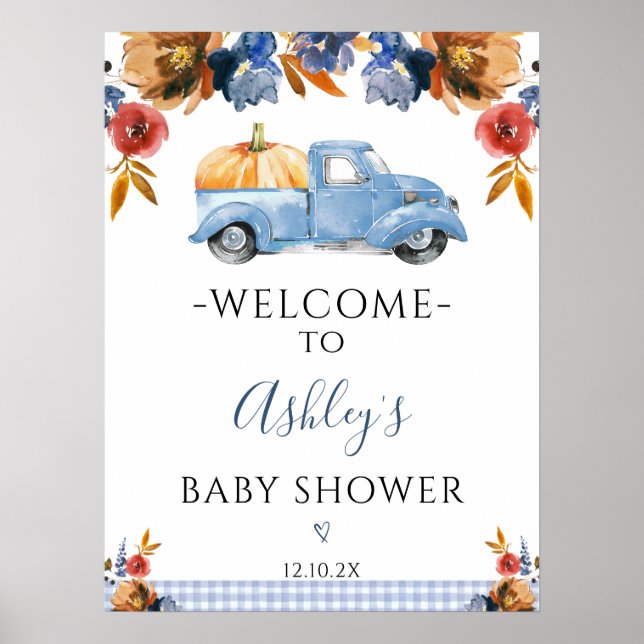 Floral Little Pumpkin Truck Baby Shower Welcome Poster (Front)