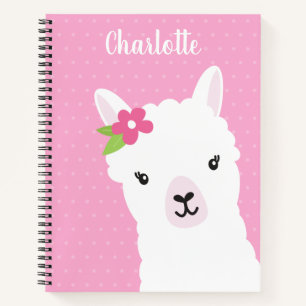 Floral Llama Alpaca Pink Personalised Girl Notebook