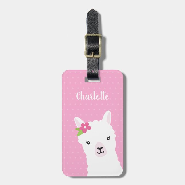 Floral Llama Alpaca Pink Personalised Luggage Tag (Front Vertical)