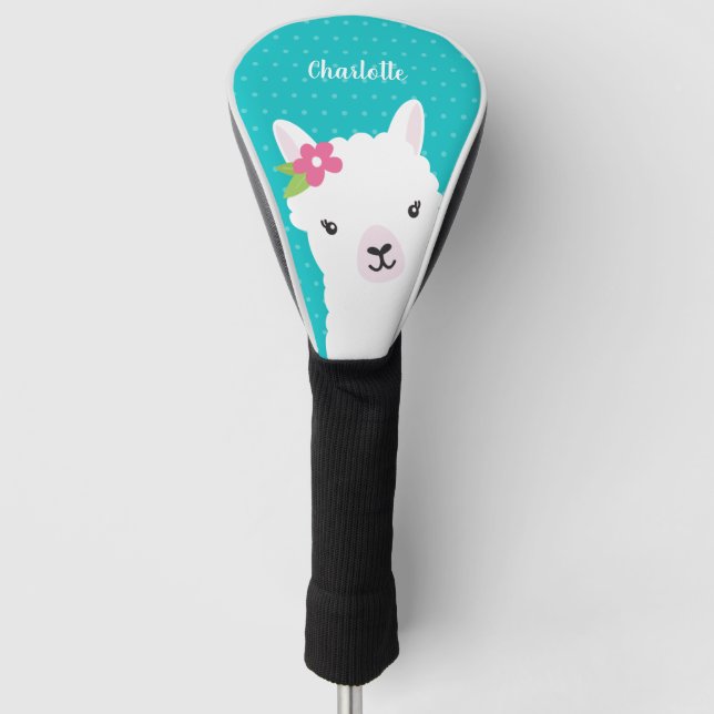 Floral Llama Alpaca Teal Girl Personalised Golf Head Cover (Front)