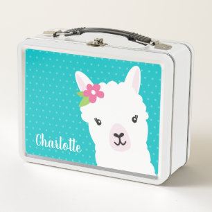 Floral Llama Alpaca Teal Personalised Girl Metal Lunch Box