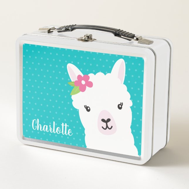 Floral Llama Alpaca Teal Personalised Girl Metal Lunch Box (Front)
