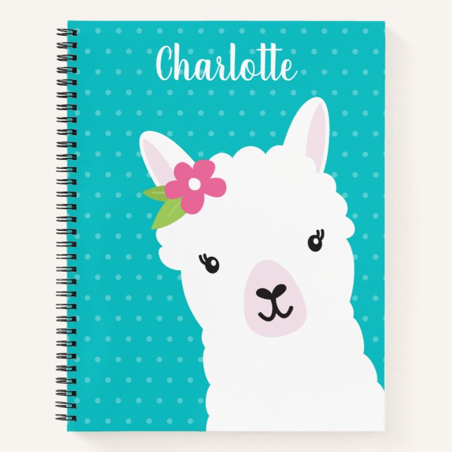 Floral Llama Alpaca Teal Personalised Girl Notebook (Front)