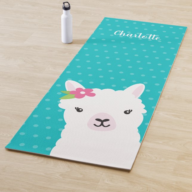 Floral Llama Alpaca Teal Personalised Name Yoga Mat (In Situ)