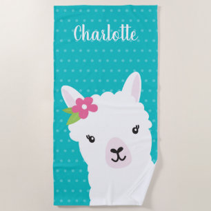 Floral Llama Alpaca Teal Personalized Kids Beach Towel