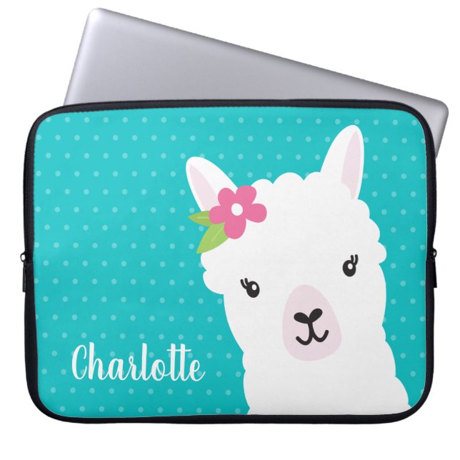 Floral Llama Alpaca Teal Personalized Laptop Sleeve (Front)