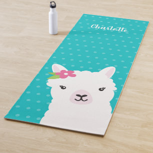 Floral Llama Alpaca Teal Personalized Name Yoga Mat