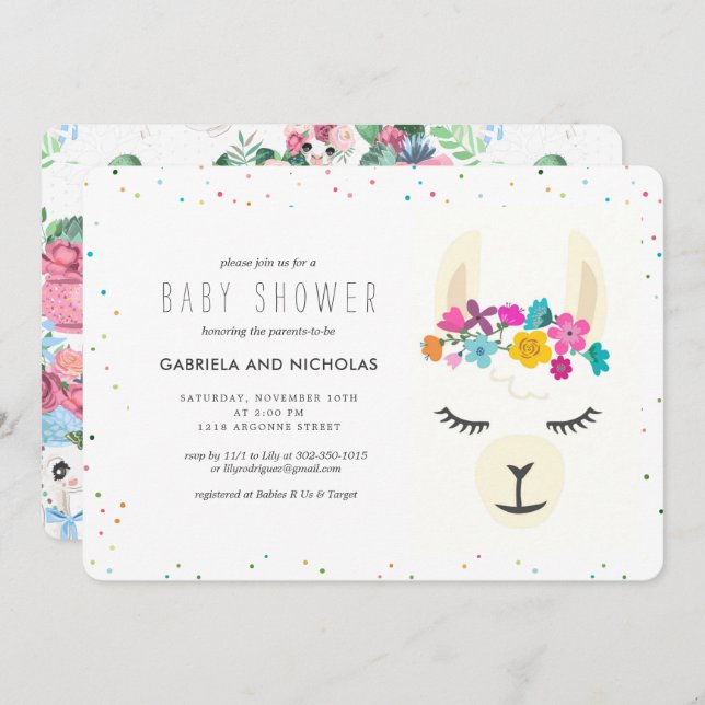Floral Llama Baby Shower Invitation (Front/Back)
