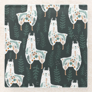 Floral Llamas Cute Vintage Texture Glass Coaster