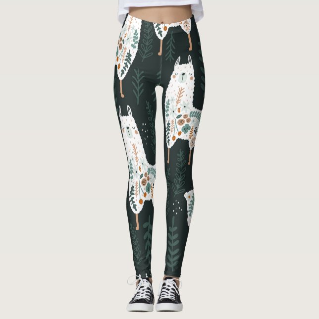 Floral Llamas Cute Vintage Texture Leggings (Front)