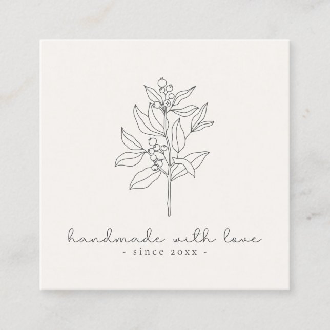 Floral logo, handmade with love milk white square business card (Front)